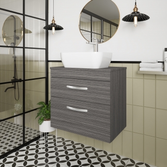 Nuie Athena Wall Hung 2-Drawer Vanity Unit and Worktop 600mm Wide - Anthracite Woodgrain