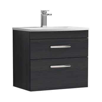 Nuie Athena Wall Hung 2-Drawer Vanity Unit with Basin-4 600mm Wide - Charcoal Black Woodgrain