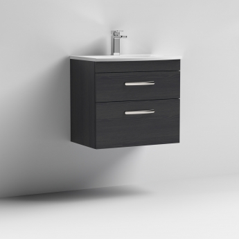 Nuie Athena Wall Hung 2-Drawer Vanity Unit with Basin-4 600mm Wide - Charcoal Black Woodgrain