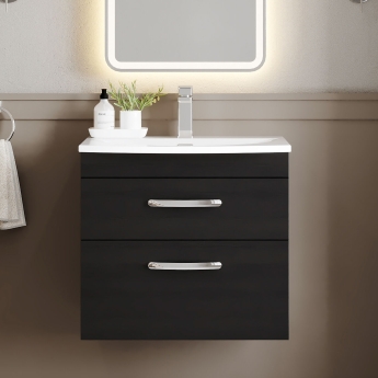 Nuie Athena Wall Hung 2-Drawer Vanity Unit with Basin-4 600mm Wide - Charcoal Black Woodgrain | Product Image