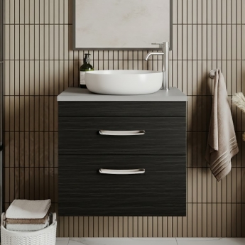 Nuie Athena Wall Hung 2-Drawer Vanity Unit with Grey Worktop 600mm Wide - Charcoal Black Woodgrain