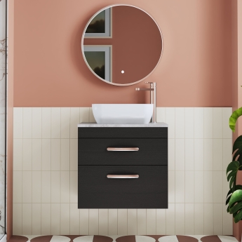 Nuie Athena Wall Hung 2-Drawer Vanity Unit with Grey Worktop 600mm Wide - Charcoal Black Woodgrain | Product Image