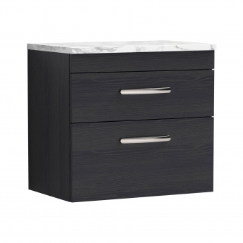 Nuie Athena Wall Hung 2-Drawer Vanity Unit with Carrera Marble Worktop 600mm Wide - Charcoal Black Woodgrain | Product Image
