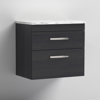 Nuie Athena Wall Hung 2-Drawer Vanity Unit with Carrera Marble Worktop 600mm Wide - Charcoal Black Woodgrain | Product Image