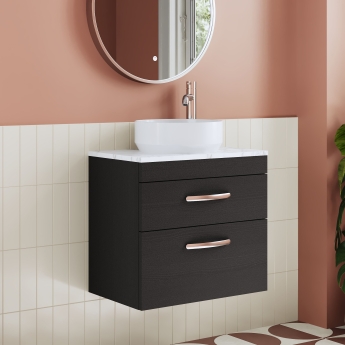 Nuie Athena Wall Hung 2-Drawer Vanity Unit with Carrera Marble Worktop 600mm Wide - Charcoal Black Woodgrain | Product Image