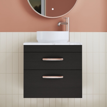 Nuie Athena Wall Hung 2-Drawer Vanity Unit with Carrera Marble Worktop 600mm Wide - Charcoal Black Woodgrain | Product Image