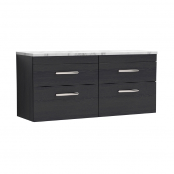 Nuie Athena Wall Hung 4-Drawer Vanity Unit with Carrera Marble Worktop 1200mm Wide - Charcoal Black Woodgrain | Product Image