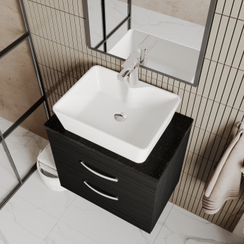 Nuie Athena Wall Hung 2-Drawer Vanity Unit with Sparkling Black Worktop 600mm Wide - Charcoal Black Woodgrain