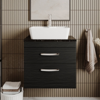 Nuie Athena Wall Hung 2-Drawer Vanity Unit with Sparkling Black Worktop 600mm Wide - Charcoal Black Woodgrain
