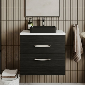 Nuie Athena Wall Hung 2-Drawer Vanity Unit with Sparkling White Worktop 600mm Wide - Charcoal Black