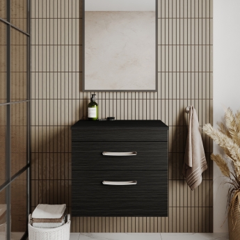 Nuie Athena Wall Hung 2-Drawer Vanity Unit and Worktop 600mm Wide - Charcoal Black