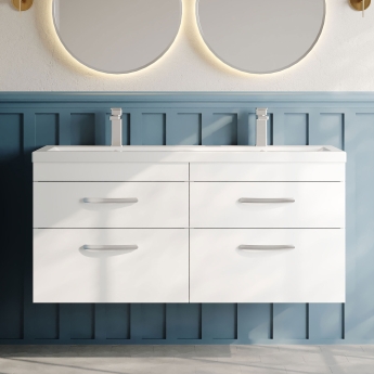 Nuie Athena Wall Hung 4-Drawer Vanity Unit with Double Ceramic Basin 1200mm Wide - Gloss White | Product Image