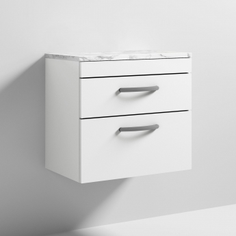 Nuie Athena Wall Hung 2-Drawer Vanity Unit with Carrera Marble Worktop 600mm Wide - Gloss White | Product Image