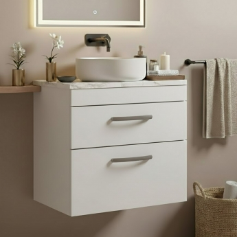 Nuie Athena Wall Hung 2-Drawer Vanity Unit with Carrera Marble Worktop 600mm Wide - Gloss White | Product Image