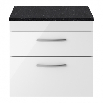 Nuie Athena Wall Hung 2-Drawer Vanity Unit with Sparkling Black Worktop 600mm Wide - Gloss White