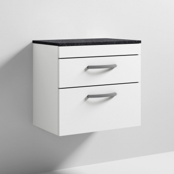 Nuie Athena Wall Hung 2-Drawer Vanity Unit with Sparkling Black Worktop 600mm Wide - Gloss White