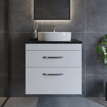 Nuie Athena Wall Hung 2-Drawer Vanity Unit with Sparkling Black Worktop 600mm Wide - Gloss White
