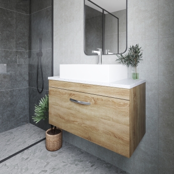 Nuie Athena Wall Hung 1-Drawer Vanity Unit with Sparkling White Worktop 800mm Wide - Anthracite Woodgrain