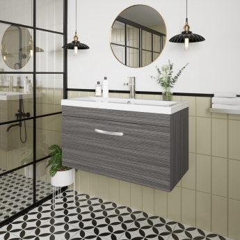 Nuie Athena Wall Hung 1-Drawer Vanity Unit with Basin-2 800mm Wide - Anthracite Woodgrain