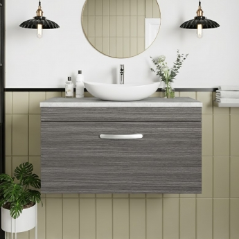Nuie Athena Wall Hung 1-Drawer Vanity Unit with Grey Worktop 800mm Wide - Anthracite Woodgrain