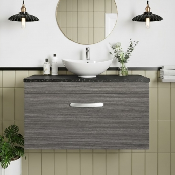 Nuie Athena Wall Hung 1-Drawer Vanity Unit with Sparkling Black Worktop 800mm Wide - Anthracite Woodgrain