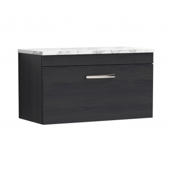 Nuie Athena Wall Hung 1-Drawer Vanity Unit with Carrera Marble Worktop 800mm Wide - Charcoal Black Woodgrain | Product Image