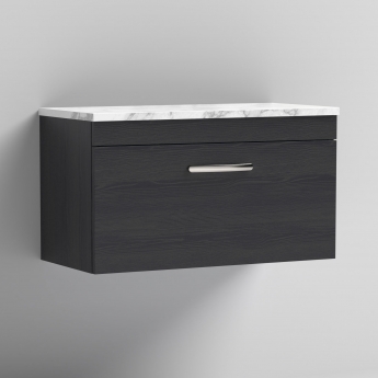 Nuie Athena Wall Hung 1-Drawer Vanity Unit with Carrera Marble Worktop 800mm Wide - Charcoal Black Woodgrain | Product Image