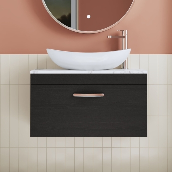 Nuie Athena Wall Hung 1-Drawer Vanity Unit with Carrera Marble Worktop 800mm Wide - Charcoal Black Woodgrain | Product Image