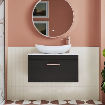 Nuie Athena Wall Hung 1-Drawer Vanity Unit with Carrera Marble Worktop 800mm Wide - Charcoal Black Woodgrain | Product Image