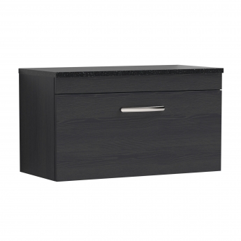 Nuie Athena Wall Hung 1-Drawer Vanity Unit with Sparkling Black Worktop 800mm Wide - Charcoal Black Woodgrain | Product Image