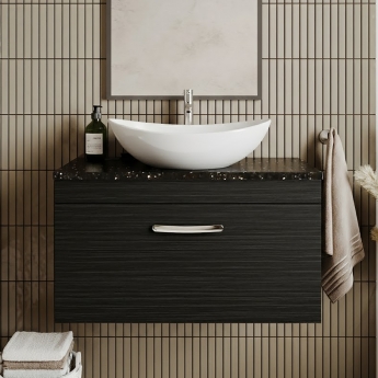 Nuie Athena Wall Hung 1-Drawer Vanity Unit with Sparkling Black Worktop 800mm Wide - Charcoal Black Woodgrain | Product Image