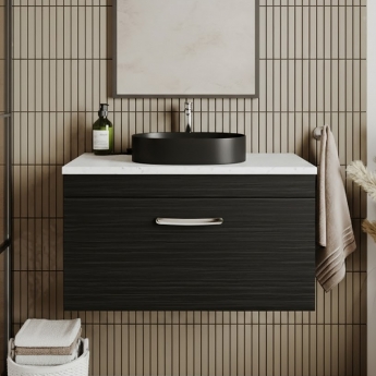 Nuie Athena Wall Hung 1-Drawer Vanity Unit with Sparkling White Worktop 800mm Wide - Charcoal Black Woodgrain