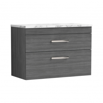 Nuie Athena Wall Hung 2-Drawer Vanity Unit with Carrera Marble Worktop 800mm Wide - Anthracite Woodgrain | Product Image