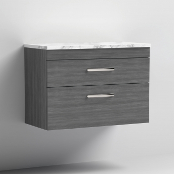 Nuie Athena Wall Hung 2-Drawer Vanity Unit with Carrera Marble Worktop 800mm Wide - Anthracite Woodgrain | Product Image