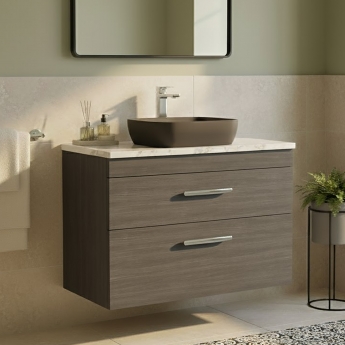 Nuie Athena Wall Hung 2-Drawer Vanity Unit with Carrera Marble Worktop 800mm Wide - Anthracite Woodgrain | Product Image