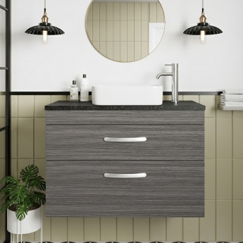 Nuie Athena Wall Hung 2-Drawer Vanity Unit with Sparkling Black Worktop 800mm Wide - Anthracite Woodgrain