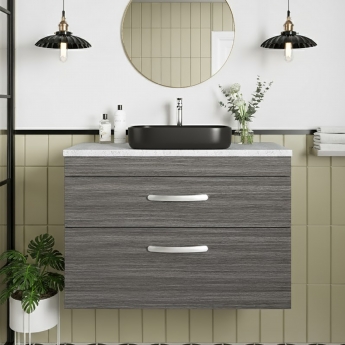 Nuie Athena Wall Hung 2-Drawer Vanity Unit with Sparkling White Worktop 800mm Wide - Anthracite Woodgrain