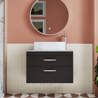 Nuie Athena Wall Hung 2-Drawer Vanity Unit with Grey Worktop 800mm Wide - Charcoal Black Woodgrain | Product Image