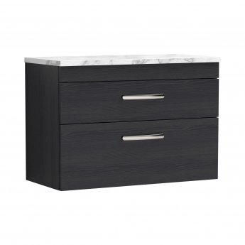 Nuie Athena Wall Hung 2-Drawer Vanity Unit with Carrera Marble Worktop 800mm Wide - Charcoal Black Woodgrain | Product Image