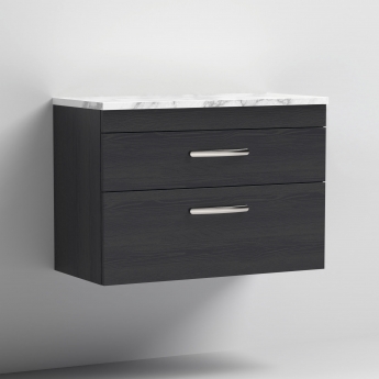 Nuie Athena Wall Hung 2-Drawer Vanity Unit with Carrera Marble Worktop 800mm Wide - Charcoal Black Woodgrain | Product Image