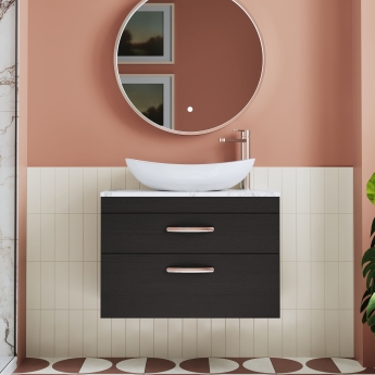 Nuie Athena Wall Hung 2-Drawer Vanity Unit with Carrera Marble Worktop 800mm Wide - Charcoal Black Woodgrain | Product Image