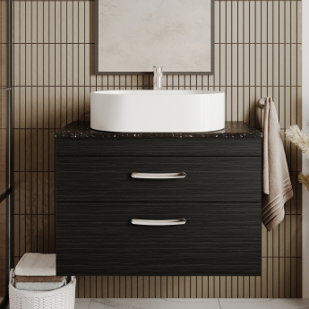 Nuie Athena Wall Hung 2-Drawer Vanity Unit with Sparkling Black Worktop 800mm Wide - Charcoal Black Woodgrain
