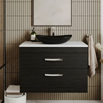 Nuie Athena Wall Hung 2-Drawer Vanity Unit with Sparkling White Worktop 800mm Wide - Charcoal Black Woodgrain