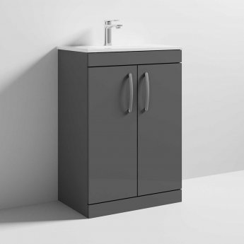 Nuie Athena Floor Standing 2-Door Vanity Unit with Basin-2 600mm Wide - Gloss Grey