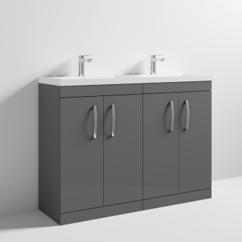 Nuie Athena Floor Standing 4-Door Vanity Unit with Double Basin 1200mm Wide - Gloss Grey