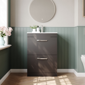 Nuie Athena Floor Standing 2-Drawer Vanity Unit with Basin-2 600mm Wide - Gloss Grey | Product Image