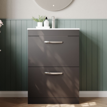 Nuie Athena Floor Standing 2-Drawer Vanity Unit with Basin-2 600mm Wide - Gloss Grey | Product Image