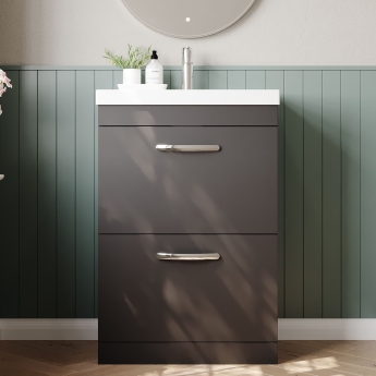 Nuie Athena Floor Standing 2-Drawer Vanity Unit with Basin-3 600mm Wide - Gloss Grey | Product Image