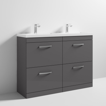 Nuie Athena Floor Standing 4-Drawer Vanity Unit with Double Basin 1200mm Wide - Gloss Grey