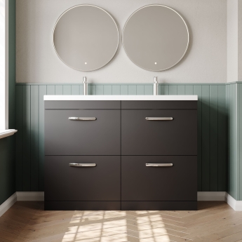 Nuie Athena Floor Standing 4-Drawer Vanity Unit with Double Ceramic Basin 1200mm Wide - Gloss Grey | Product Image